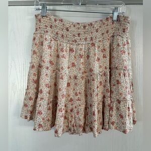 American Eagle Outfitters Cream Floral Smocked Tiered Skater Skirt